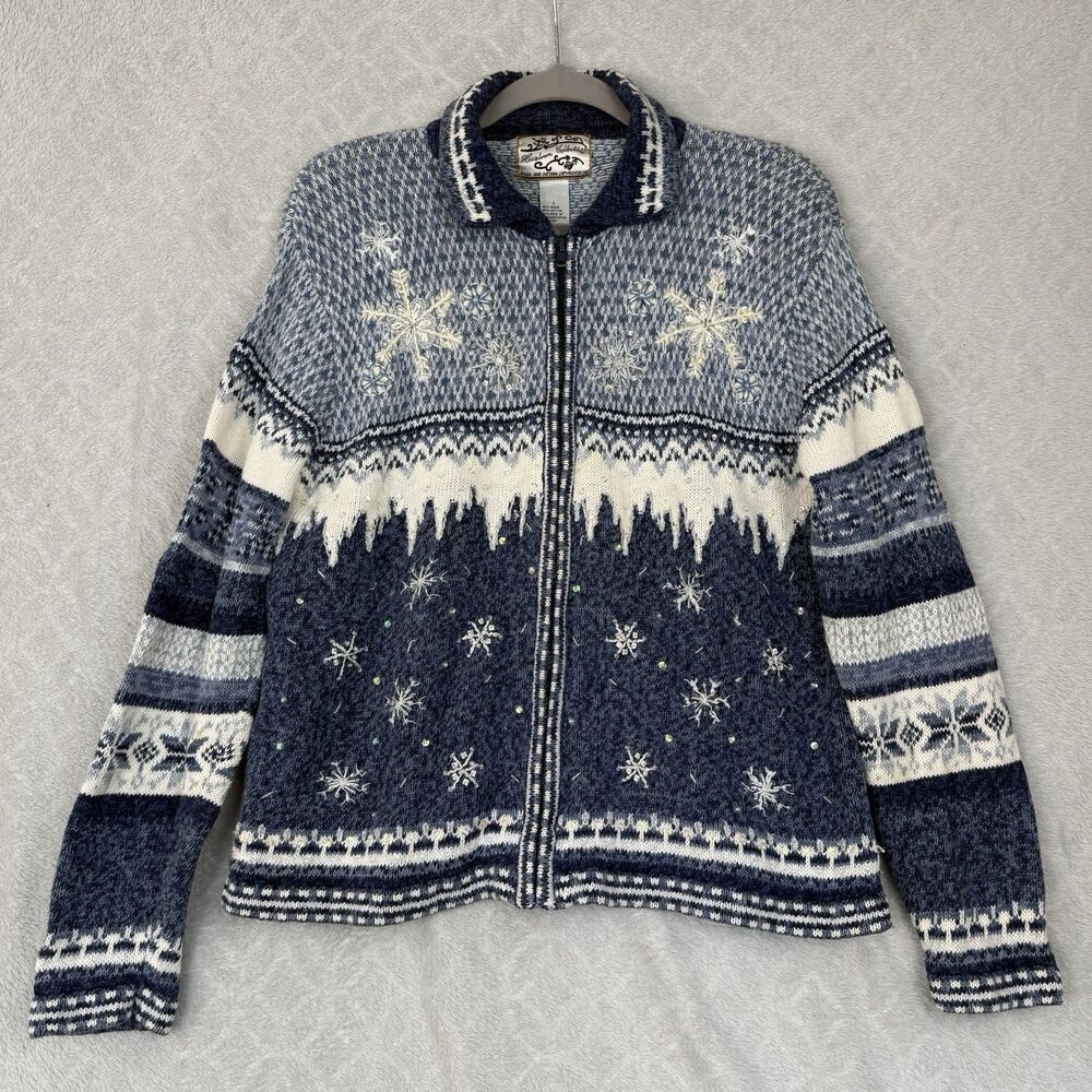 Vtg Heirloom Collectibles Sweater Large Blue Winter Snowflakes Knit Full Zip Y2K